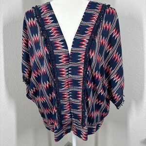 Coco + Jameson Aztec Style Lace Trim Open Front V-Neck Kimono Top Medium Cover